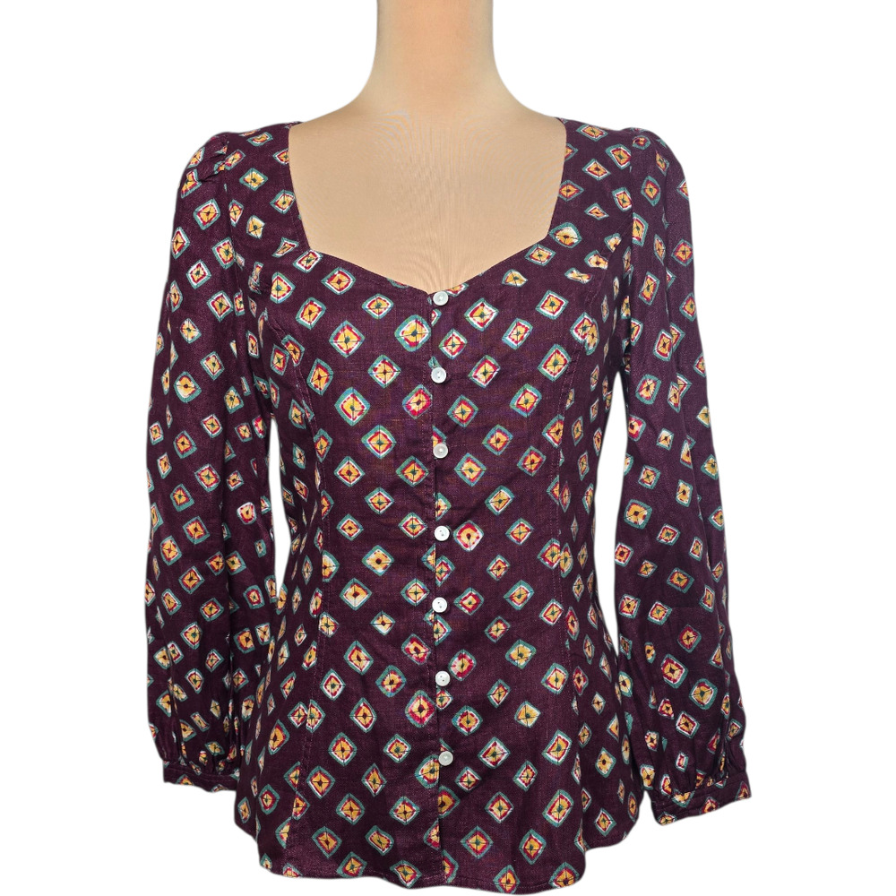 Polo Ralph Lauren Block Print Linen Button Front Top Size 8‎ NWT